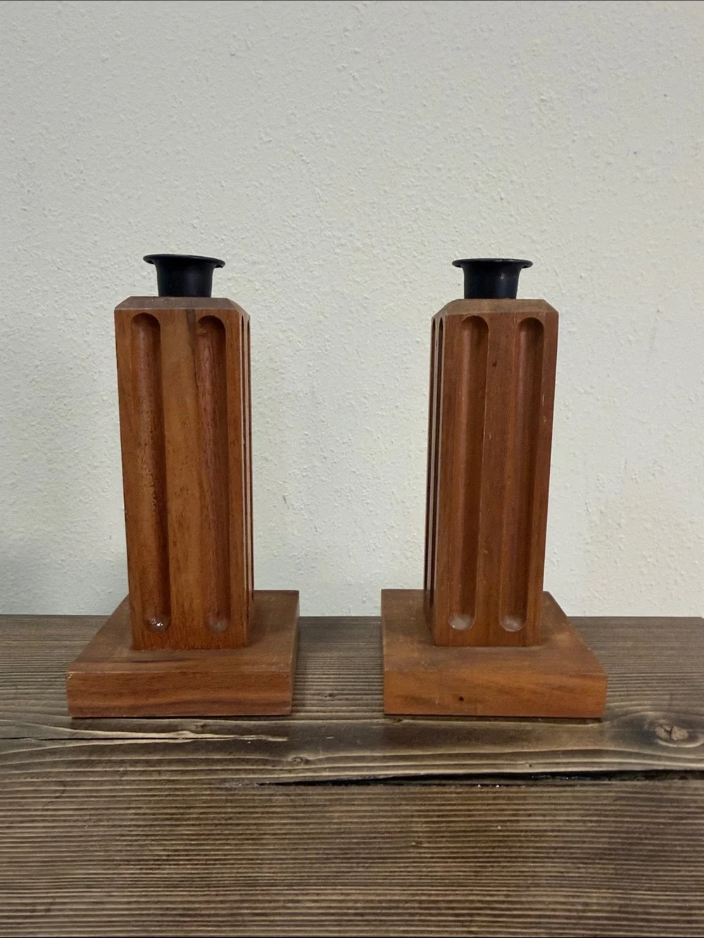 Vintage Mid Century Wood Candle Holders Pair Geometric Carved Taper Candlesticks